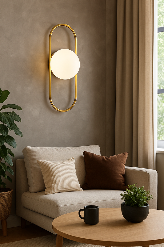 Powerlam Modern Globe Wall Light with Gold Frame, Oval Backplate, White Glass Shade, Contemporary Sconce