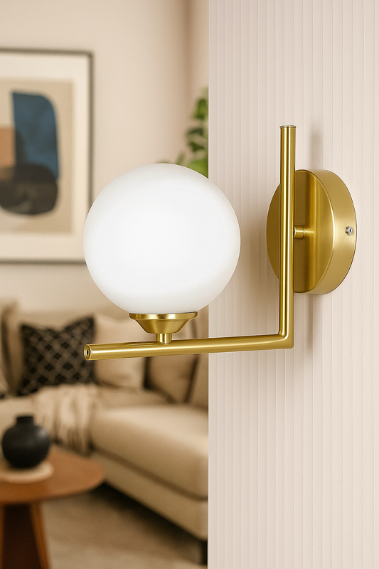 POWERLAM Modern Globe Wall Sconce, Brass Finish with Glass Shade, 3-Mode White and Warm Light