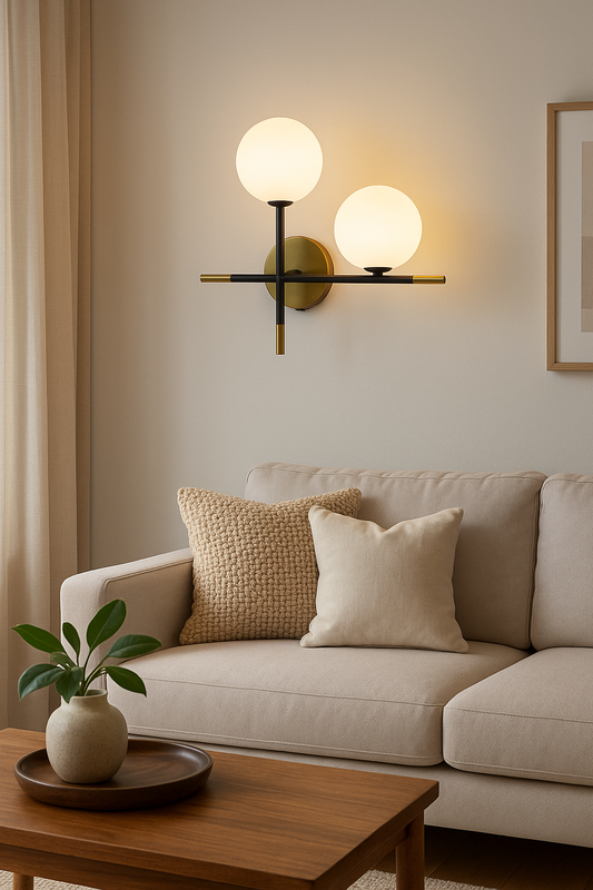 Powerlam Twin Orb Designer Wall Light, Black and Gold Cross Design, Contemporary Wall Light Fixture