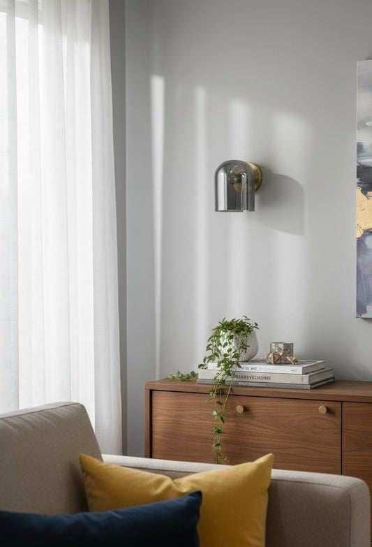 Powerlam Modern Wall Sconce Light with Smoked Glass Dome Shade, Brushed Brass Base, Contemporary Indoor Wall Mount Lighting for Living Room, Bedroom