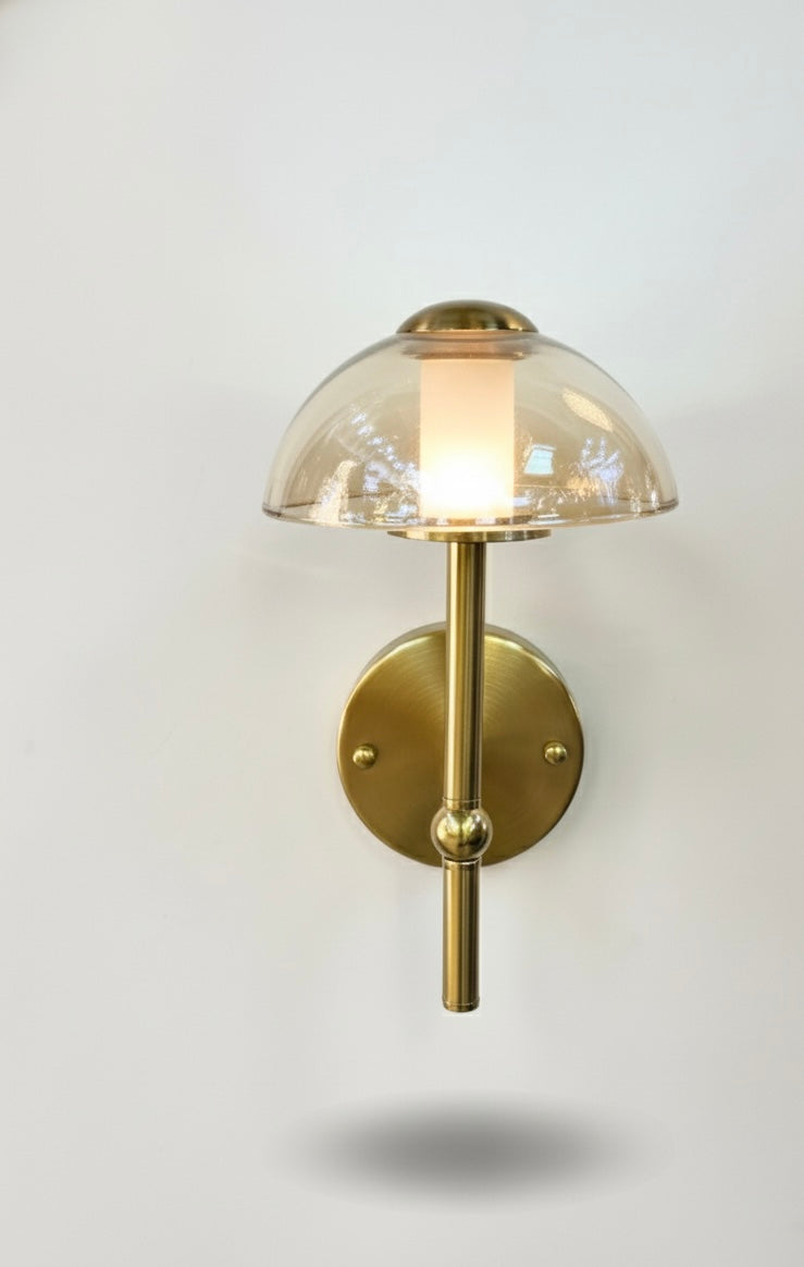 Powerlam Modern Wall Sconce Light with Glass Dome Shade, Brass Finish, Mid-Century Design, Indoor Decorative Lighting for Living Room, Bedroom
