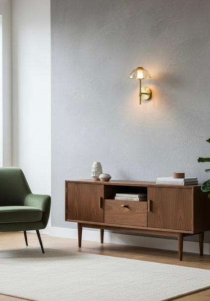 Powerlam Modern Wall Sconce Light with Glass Dome Shade, Brass Finish, Mid-Century Design, Indoor Decorative Lighting for Living Room, Bedroom