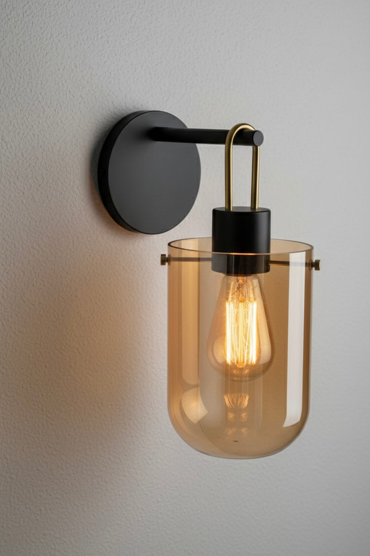 Powerlam Modern Industrial Wall Sconce Light, Black Metal with Amber Glass Shade, Edison Bulb Compatible, Indoor Wall Mount Lighting Fixture for Living Room, Bedroom