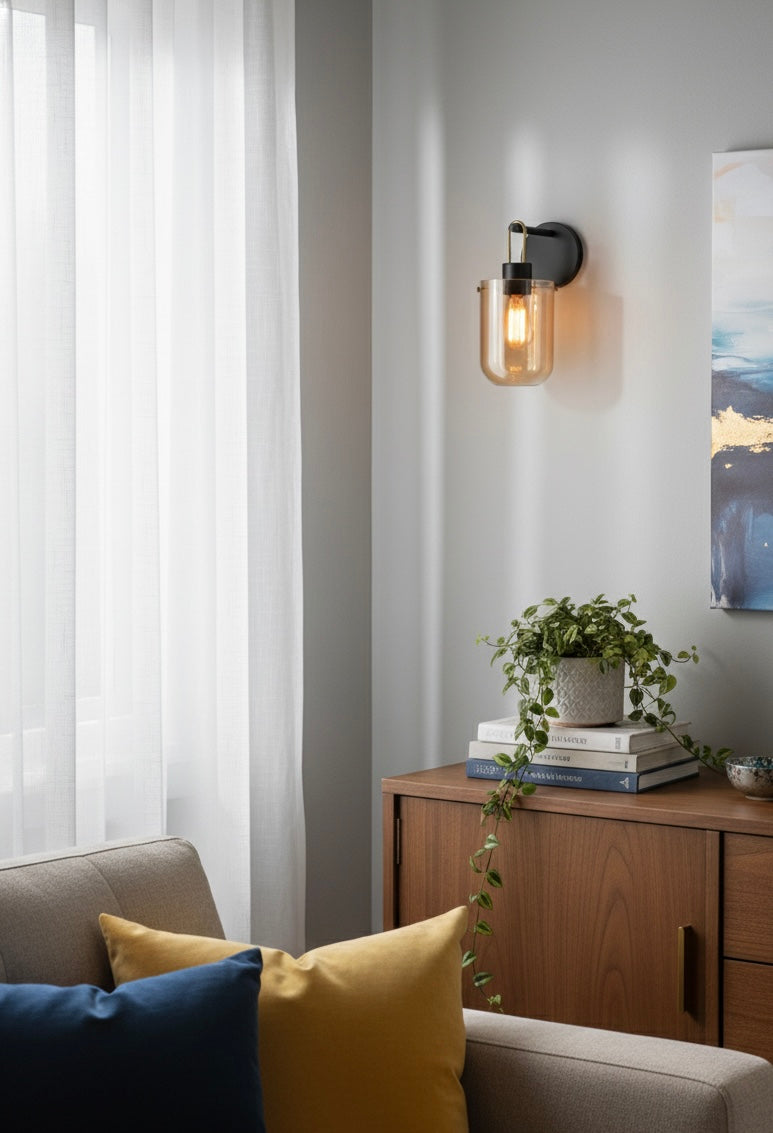 Powerlam Modern Industrial Wall Sconce Light, Black Metal with Amber Glass Shade, Edison Bulb Compatible, Indoor Wall Mount Lighting Fixture for Living Room, Bedroom