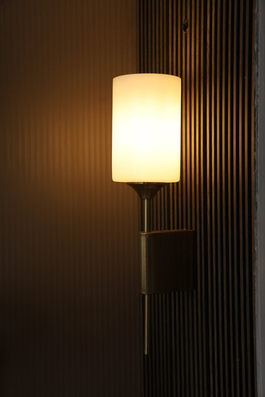 Powerlam Modern Wall Sconce with Cylindrical Glass Shade, Brass Metal Frame, Warm White Light