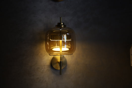 Powerlam Modern Glass Wall Sconce, Amber Dome Shade with Brass Finish, LED Wall Light Fixture