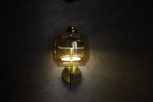 Powerlam Modern Glass Wall Sconce, Amber Dome Shade with Brass Finish, LED Wall Light Fixture