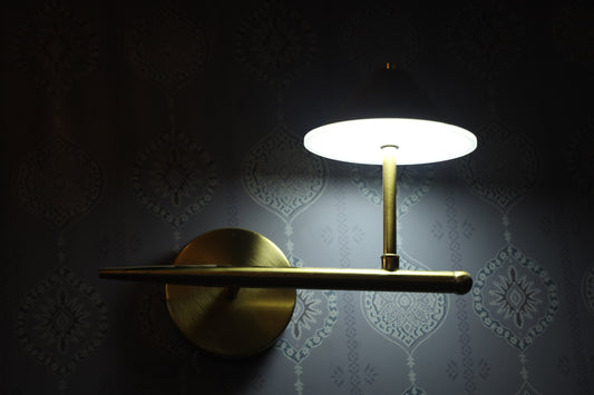 POWERLAM Elegant Cone-Shade Wall Light � Brushed Gold Finish LED Wall Sconce Light, Brushed Brass Finish, Disc-Shaped Shade, Contemporary Design