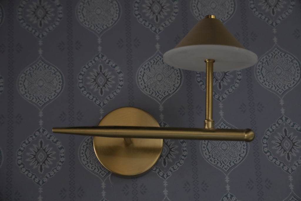 POWERLAM Elegant Cone-Shade Wall Light � Brushed Gold Finish LED Wall Sconce Light, Brushed Brass Finish, Disc-Shaped Shade, Contemporary Design