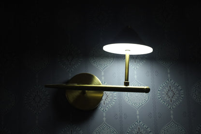 POWERLAM Elegant Cone-Shade Wall Light � Brushed Gold Finish LED Wall Sconce Light, Brushed Brass Finish, Disc-Shaped Shade, Contemporary Design