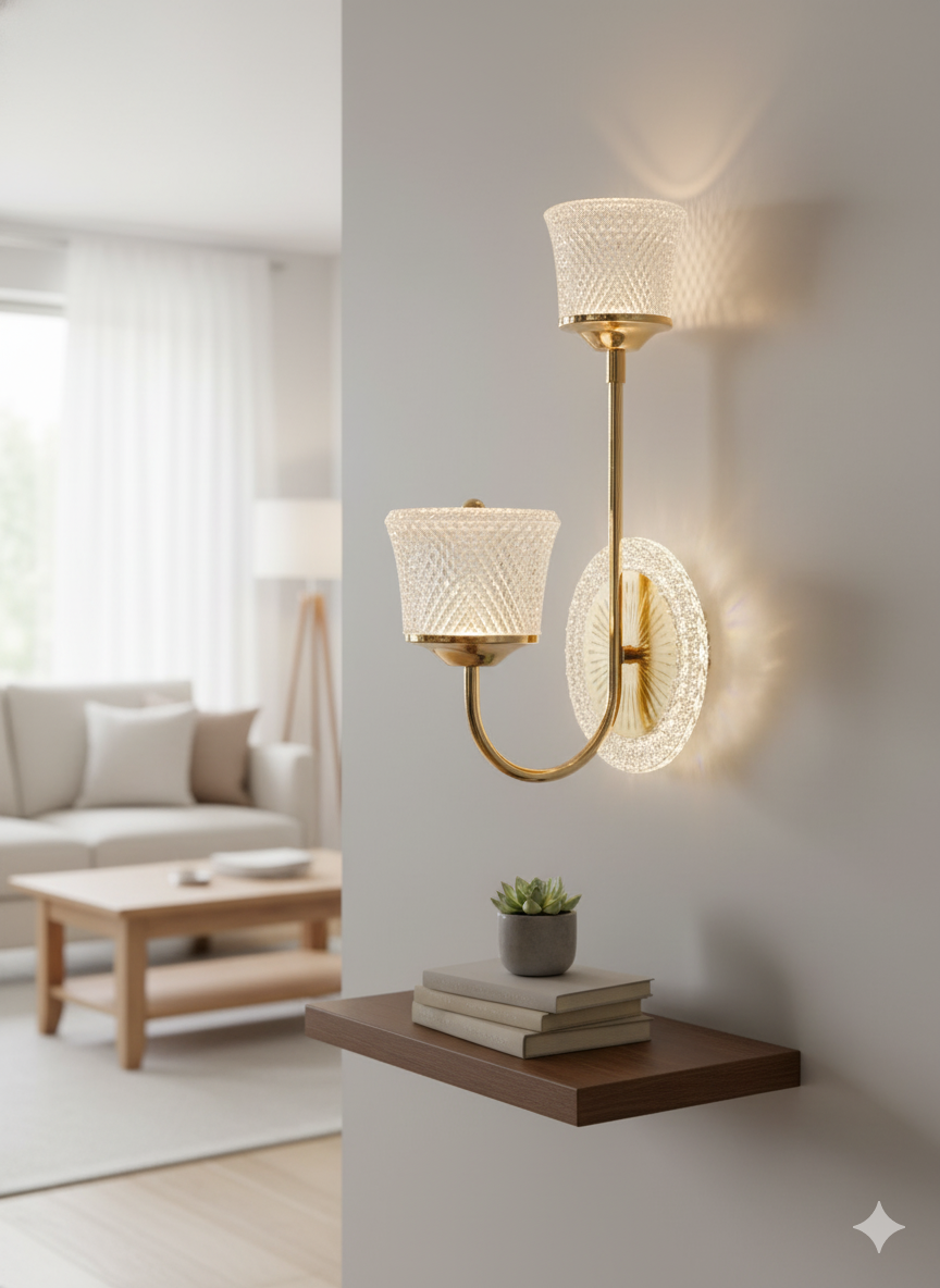 Powerlam Modern Crystal Wall Sconce, Brass Gold Finish, Double Light Fixture with Diamond Cut Glass Shade, Contemporary Indoor Wall Lamp for Living Room, Bedroom