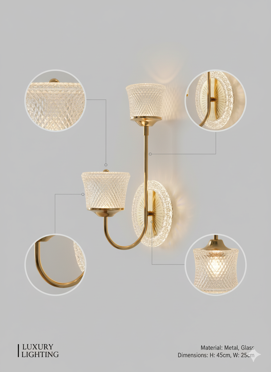 Powerlam Modern Crystal Wall Sconce, Brass Gold Finish, Double Light Fixture with Diamond Cut Glass Shade, Contemporary Indoor Wall Lamp for Living Room, Bedroom