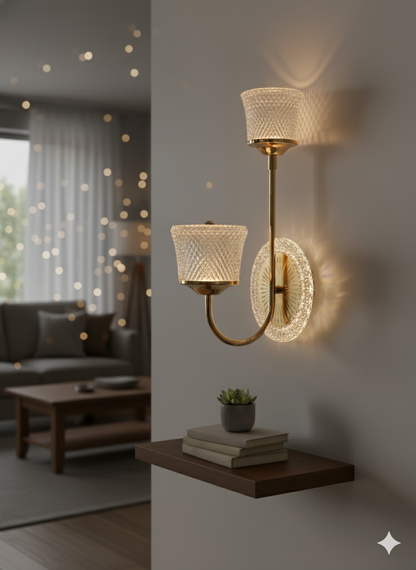 Powerlam Modern Crystal Wall Sconce, Brass Gold Finish, Double Light Fixture with Diamond Cut Glass Shade, Contemporary Indoor Wall Lamp for Living Room, Bedroom