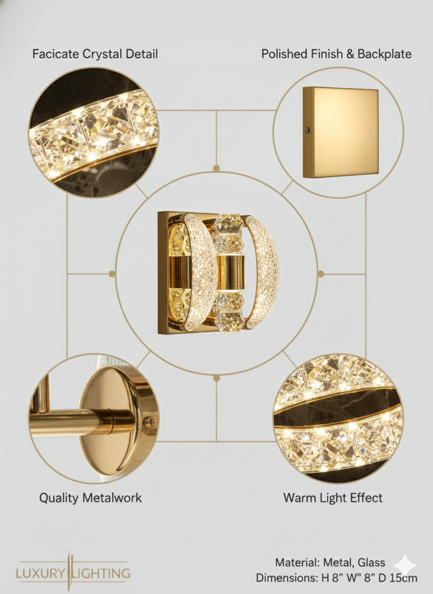 POWERLAM Crystal Gold Wall Light | Luxury LED Wall Lamp for Living Room & Bedroom | Decorative Modern Wall Sconce with Sparkling Acrylic & Metal Design