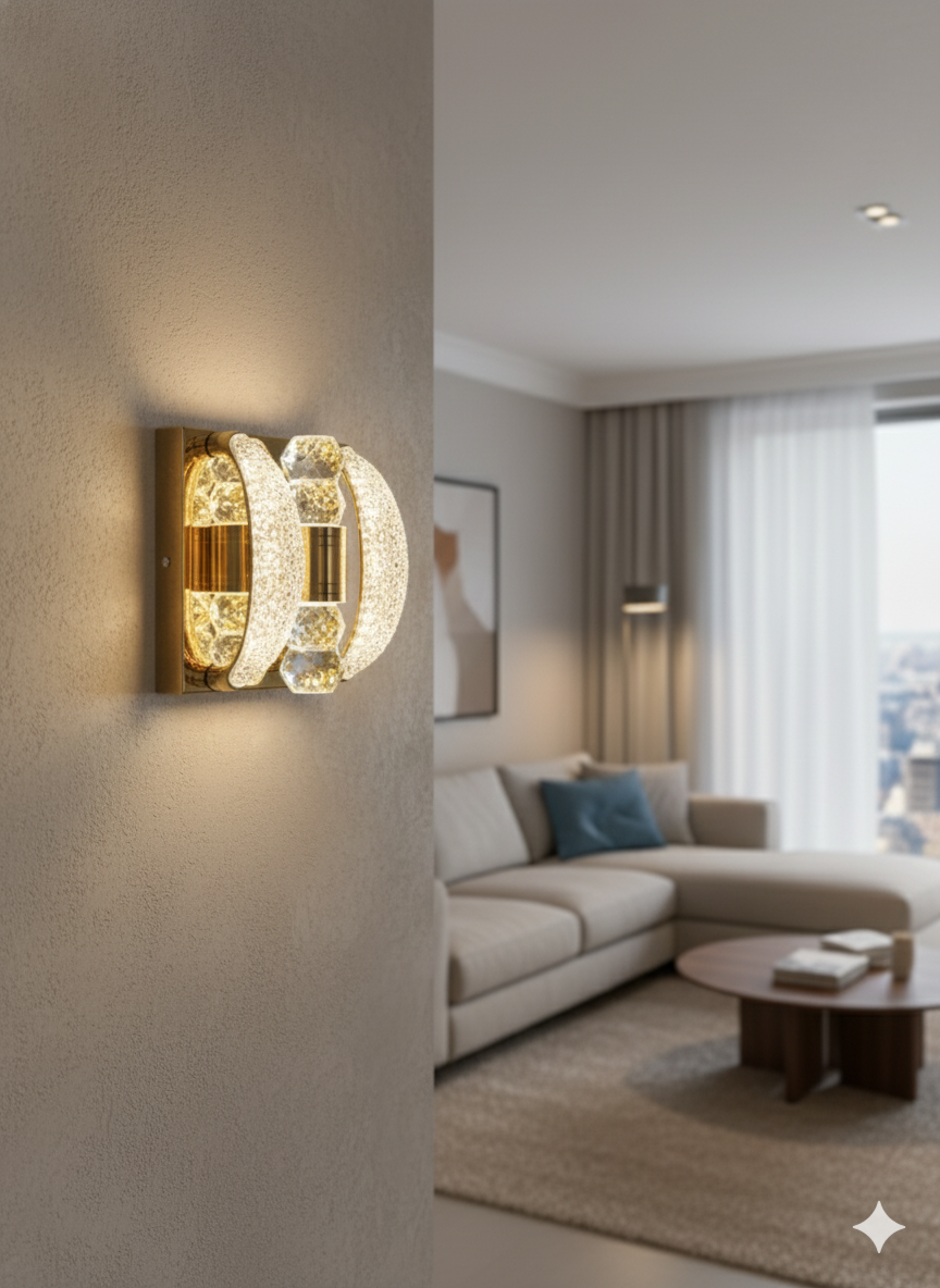 POWERLAM Crystal Gold Wall Light | Luxury LED Wall Lamp for Living Room & Bedroom | Decorative Modern Wall Sconce with Sparkling Acrylic & Metal Design