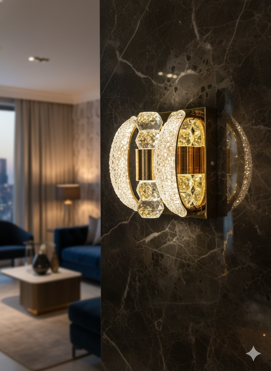 POWERLAM Crystal Gold Wall Light | Luxury LED Wall Lamp for Living Room & Bedroom | Decorative Modern Wall Sconce with Sparkling Acrylic & Metal Design