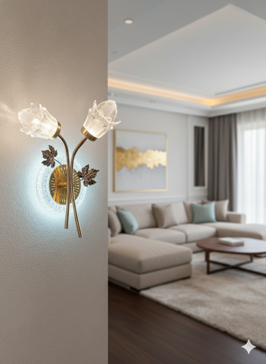 POWERLAM Floral Gold Wall Light | Decorative LED Wall Lamp with Dual Glass Flower Shades | Luxury Wall Sconce for Living Room, Bedroom & Home Décor