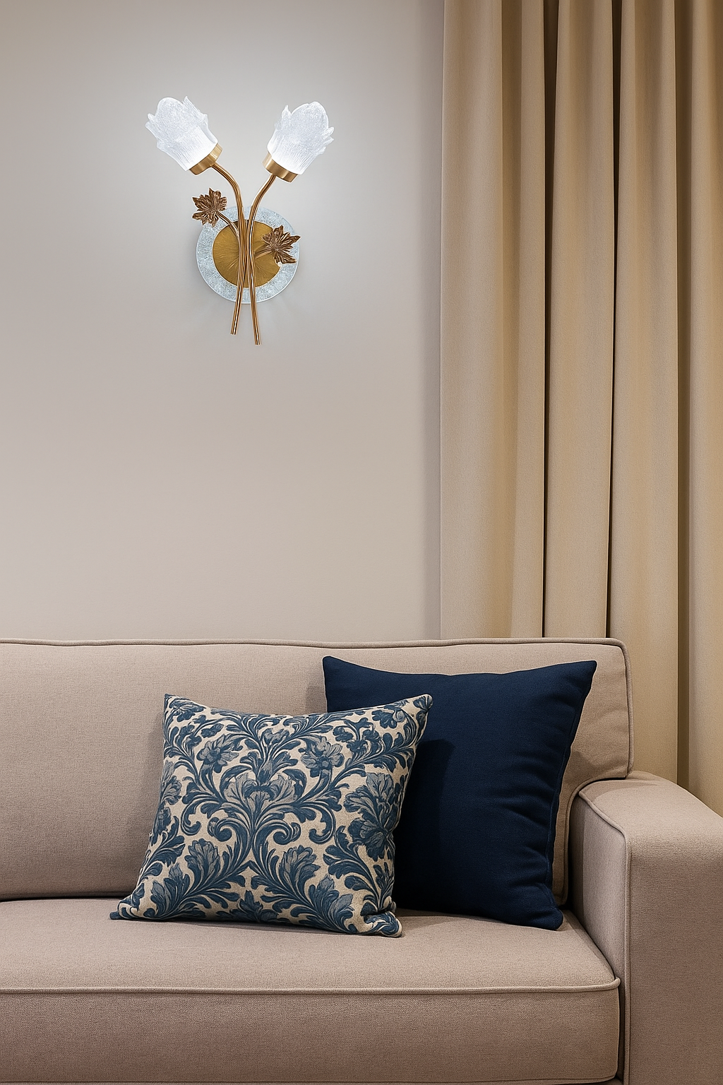 POWERLAM Floral Gold Wall Light | Decorative LED Wall Lamp with Dual Glass Flower Shades | Luxury Wall Sconce for Living Room, Bedroom & Home Décor