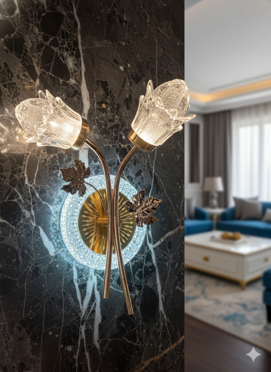 POWERLAM Floral Gold Wall Light | Decorative LED Wall Lamp with Dual Glass Flower Shades | Luxury Wall Sconce for Living Room, Bedroom & Home Décor