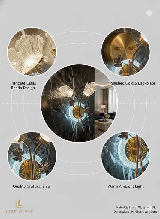 POWERLAM Artistic Floral Gold Wall Light | Decorative LED Wall Lamp with Dual Petal Glass Shades | Luxury Wall Sconce for Living Room, Bedroom & Home Décor
