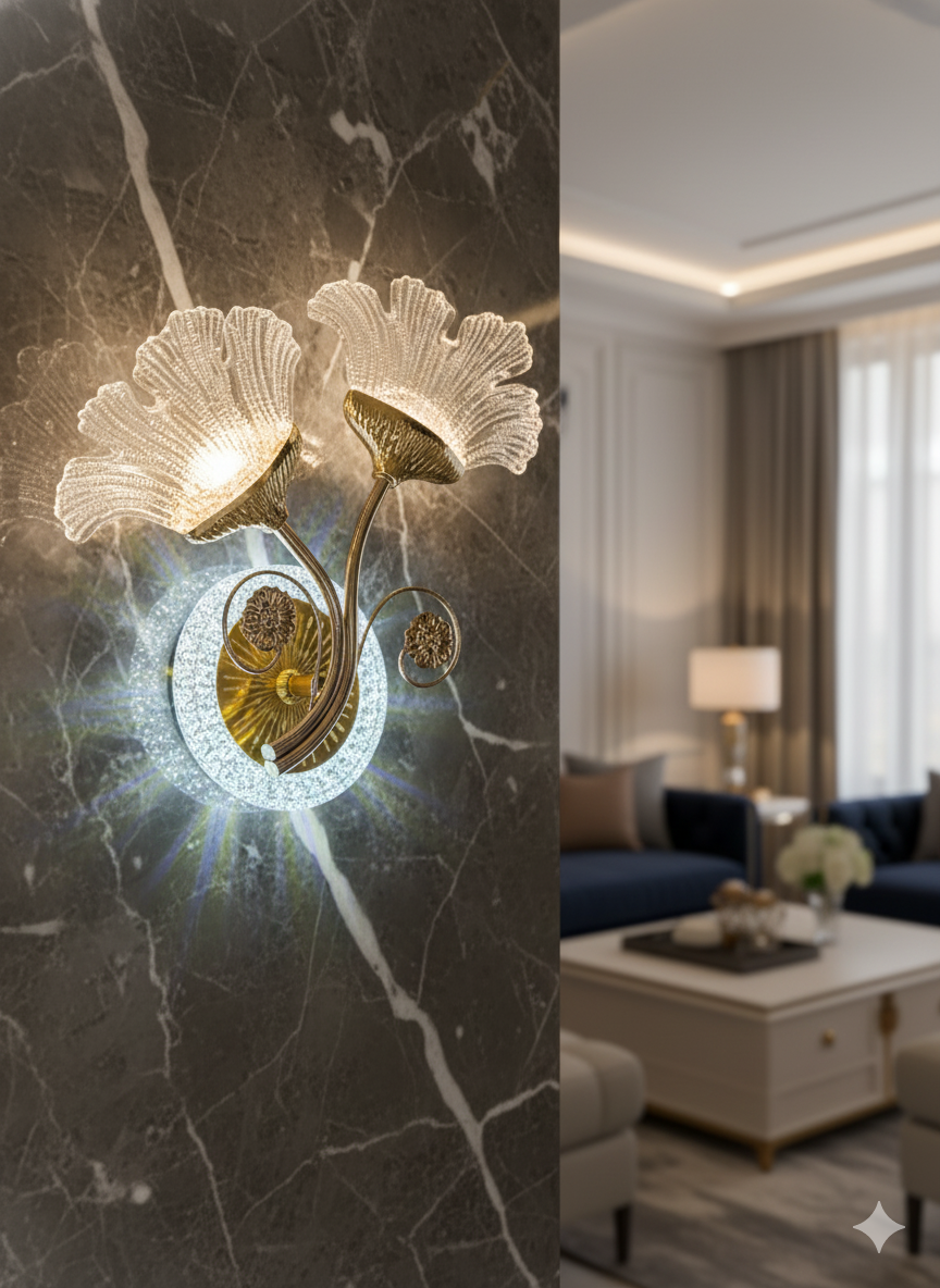 POWERLAM Artistic Floral Gold Wall Light | Decorative LED Wall Lamp with Dual Petal Glass Shades | Luxury Wall Sconce for Living Room, Bedroom & Home Décor
