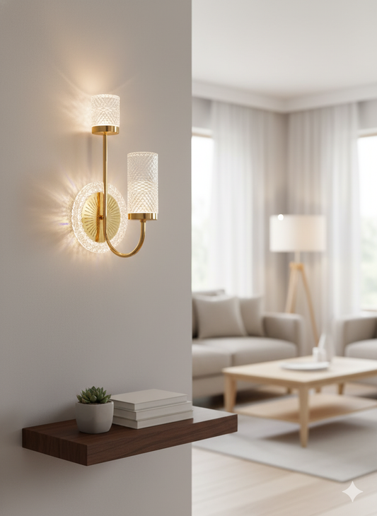POWERLAM Luxury Gold Wall Light for Living Room | Modern Decorative LED Wall Lamp with Double Glass Shades | Stylish Home Decor Wall Sconce for Bedroom & Hallway