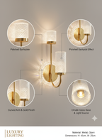 POWERLAM Luxury Gold Wall Light for Living Room | Modern Decorative LED Wall Lamp with Double Glass Shades | Stylish Home Decor Wall Sconce for Bedroom & Hallway