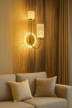 POWERLAM Luxury Gold Wall Light for Living Room | Modern Decorative LED Wall Lamp with Double Glass Shades | Stylish Home Decor Wall Sconce for Bedroom & Hallway