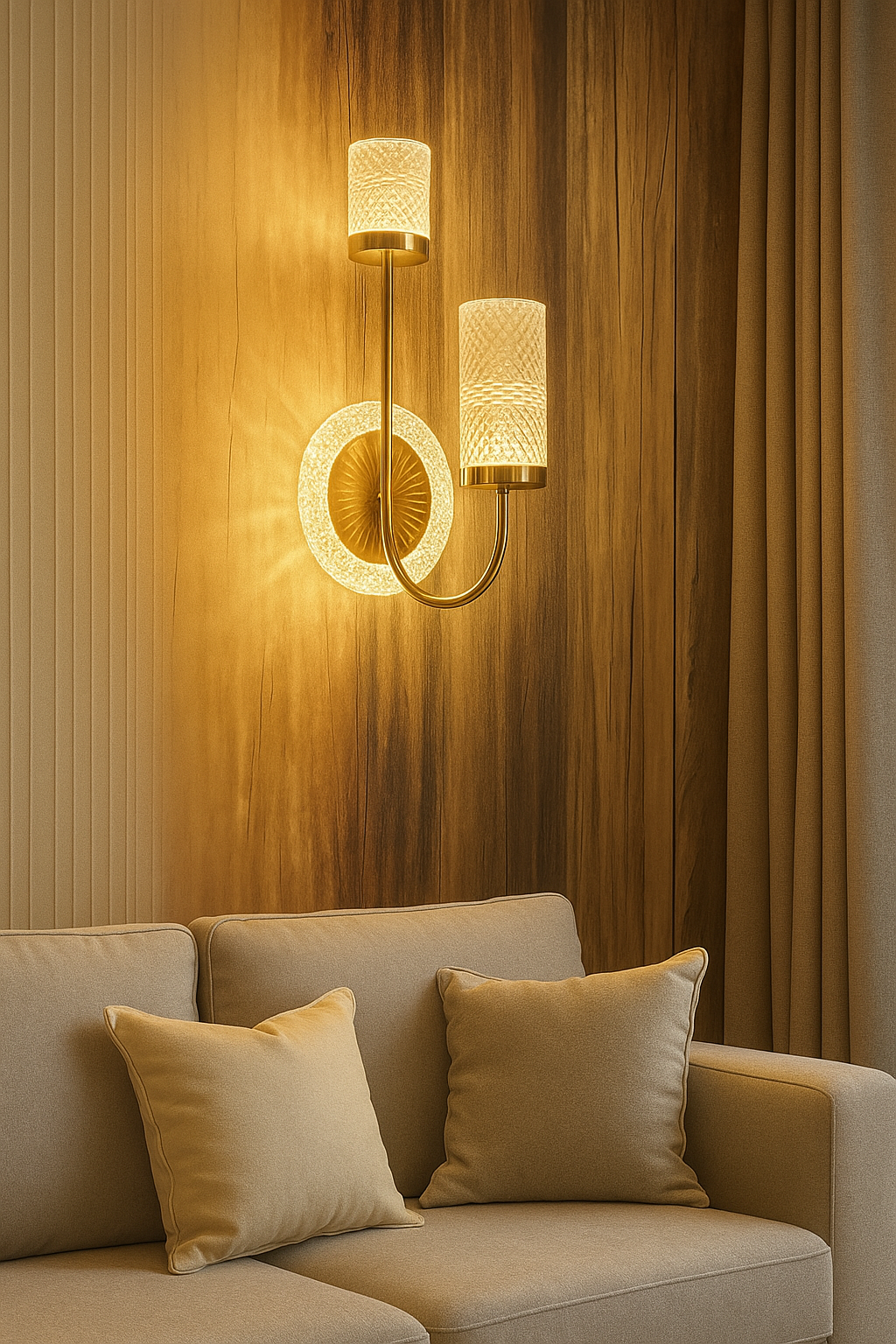 POWERLAM Luxury Gold Wall Light for Living Room | Modern Decorative LED Wall Lamp with Double Glass Shades | Stylish Home Decor Wall Sconce for Bedroom & Hallway
