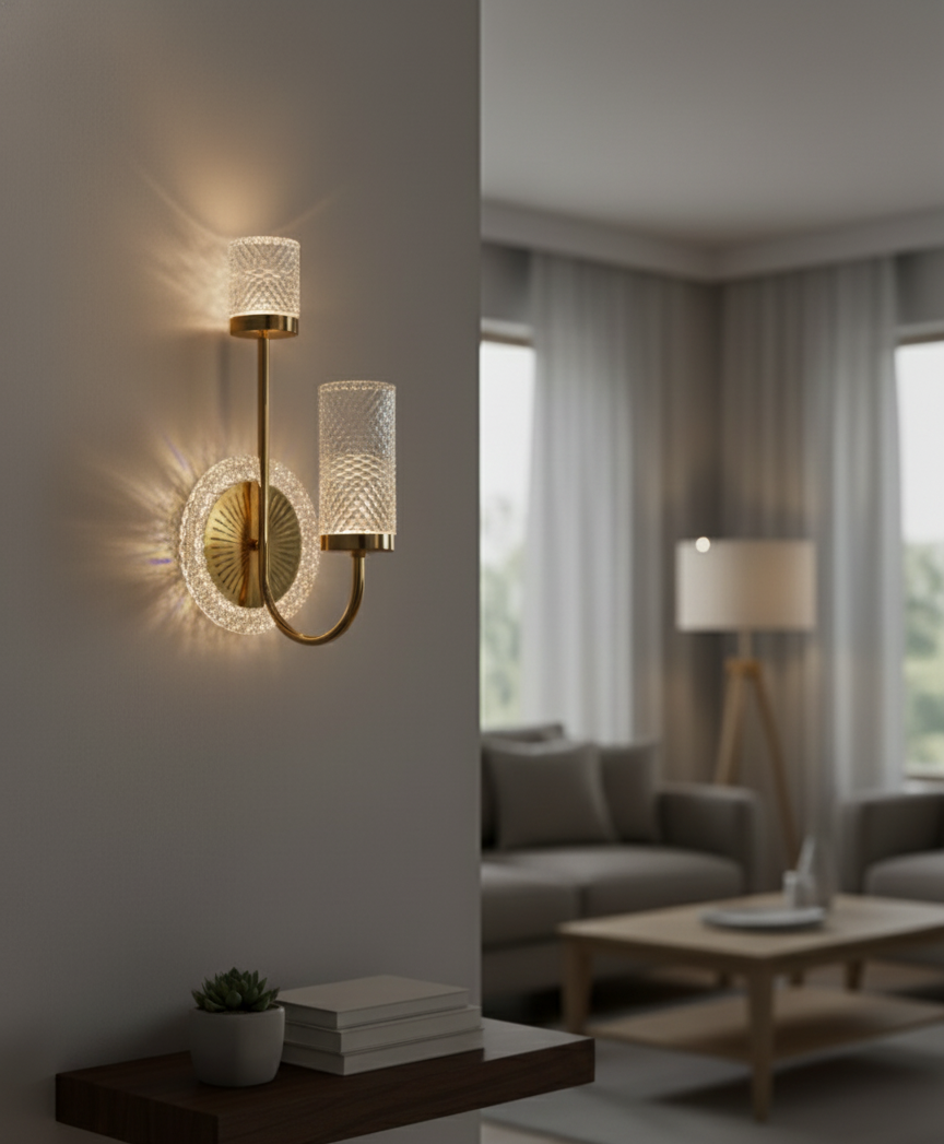 POWERLAM Luxury Gold Wall Light for Living Room | Modern Decorative LED Wall Lamp with Double Glass Shades | Stylish Home Decor Wall Sconce for Bedroom & Hallway