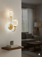 POWERLAM Modern Gold Wall Light for Living Room | Decorative LED Wall Lamp with Dual Textured Glass Shades | Luxury Wall Sconce for Bedroom & Home Décor