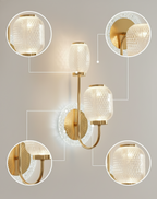 POWERLAM Modern Gold Wall Light for Living Room | Decorative LED Wall Lamp with Dual Textured Glass Shades | Luxury Wall Sconce for Bedroom & Home Décor