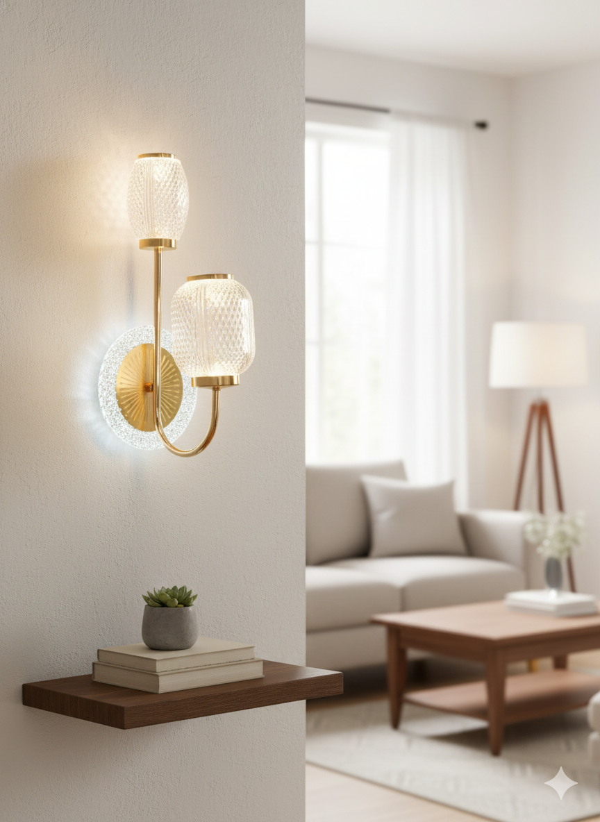 POWERLAM Modern Gold Wall Light for Living Room | Decorative LED Wall Lamp with Dual Textured Glass Shades | Luxury Wall Sconce for Bedroom & Home Décor