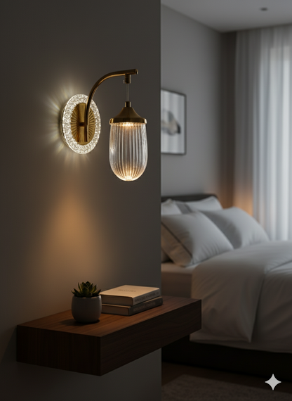 Powerlam Modern Crystal LED Wall Sconce, Brushed Gold Metal with Ribbed Glass Shade, Luxury Bedroom Light Fixture