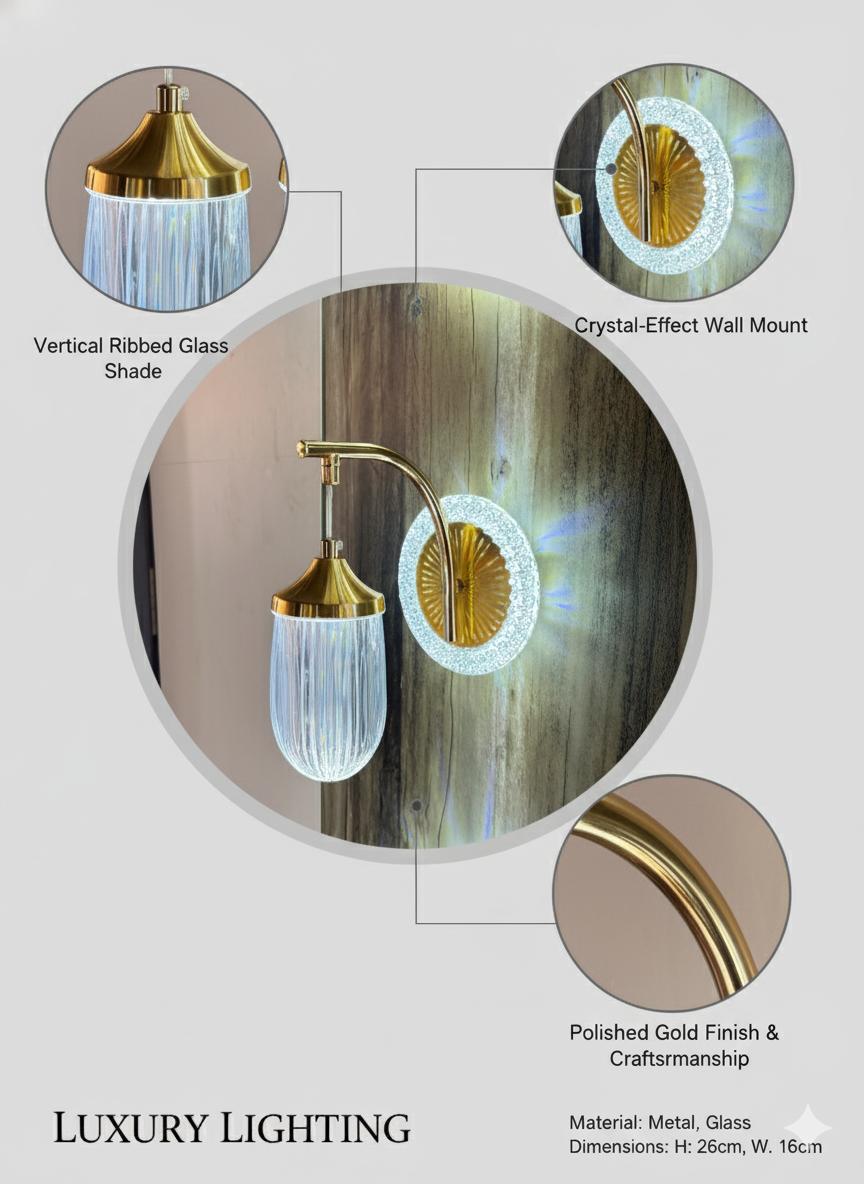 Powerlam Modern Crystal LED Wall Sconce, Brushed Gold Metal with Ribbed Glass Shade, Luxury Bedroom Light Fixture