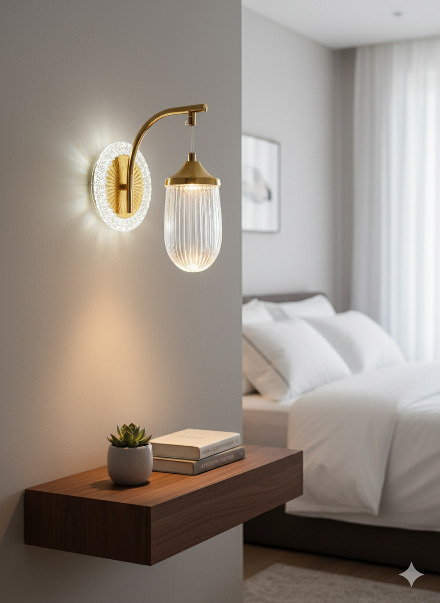 Powerlam Modern Crystal LED Wall Sconce, Brushed Gold Metal with Ribbed Glass Shade, Luxury Bedroom Light Fixture