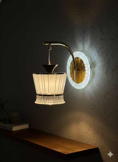 Powerlam Modern Crystal Wall Sconce Light, Gold Metal Frame with LED Ring Mount, Vertical Ribbed Glass Shade, Luxury Home Decor