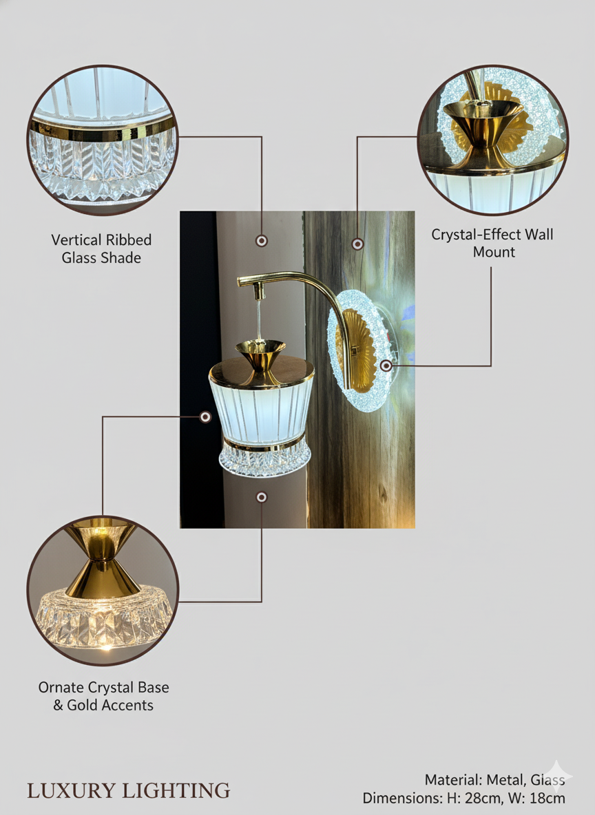 Powerlam Modern Crystal Wall Sconce Light, Gold Metal Frame with LED Ring Mount, Vertical Ribbed Glass Shade, Luxury Home Decor