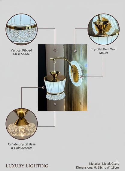 Powerlam Modern Crystal Wall Sconce Light, Gold Metal Frame with LED Ring Mount, Vertical Ribbed Glass Shade, Luxury Home Decor