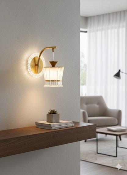 Powerlam Modern Crystal Wall Sconce Light, Gold Metal Frame with LED Ring Mount, Vertical Ribbed Glass Shade, Luxury Home Decor