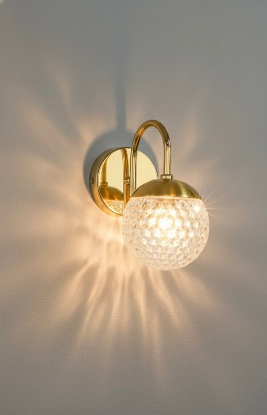 Powerlam Modern Glass Globe Wall Sconce, Brass Finish, Textured Crystal Shade, Contemporary Indoor Light Fixture for Living Room, Bedroom, Hallway