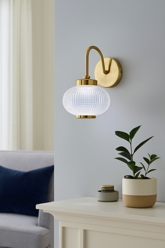 Powerlam Modern Glass Globe Pendant Light, Textured Pattern, Gold Metal Finish, Warm White LED