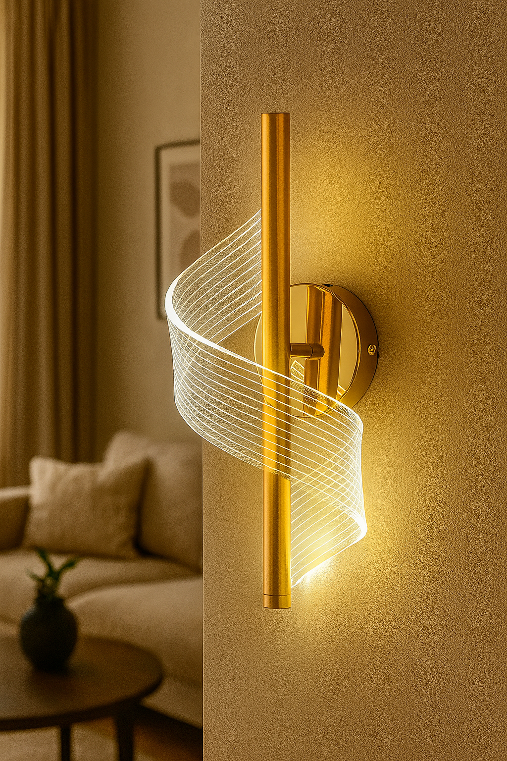 Powerlam Modern LED Wall Light, Spiral Design, Gold Metal Finish, Decorative Acrylic Shade