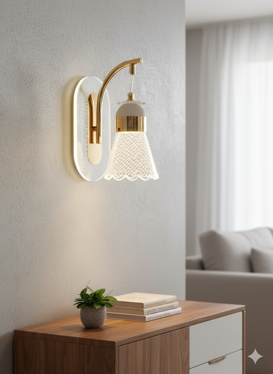 Powerlam Modern Wall Sconce Light, Gold Metal Glass, Intricate Lace Shade Design, Luxury Indoor Lighting Fixture