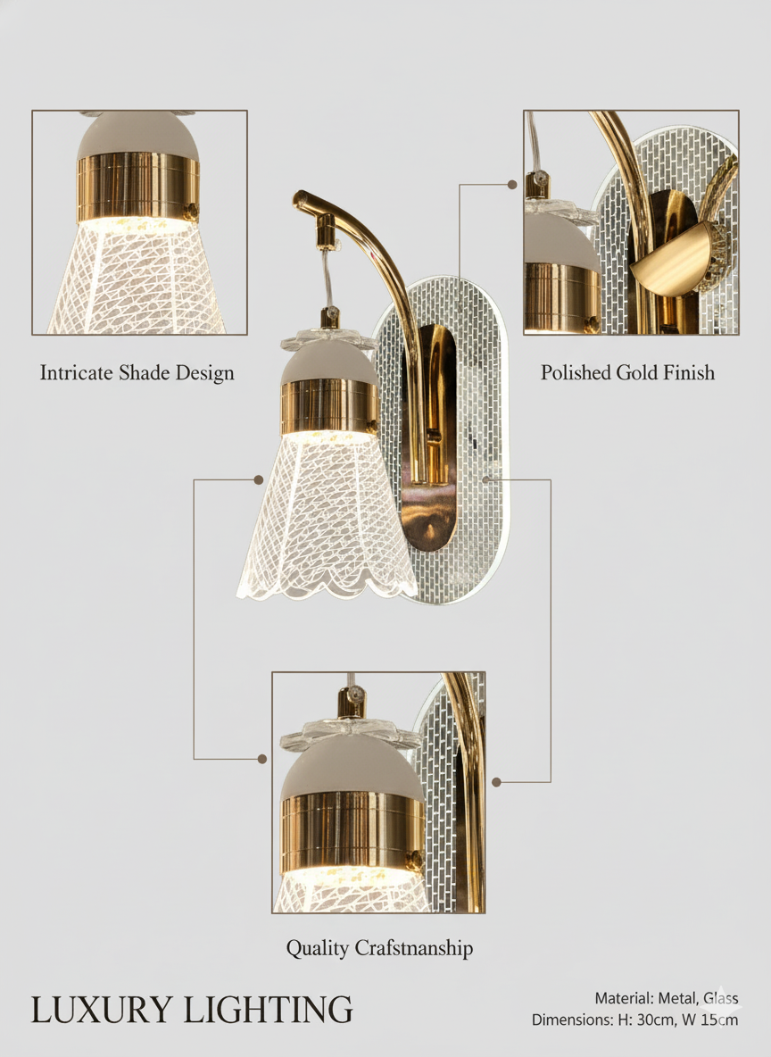Powerlam Modern Wall Sconce Light, Gold Metal Glass, Intricate Lace Shade Design, Luxury Indoor Lighting Fixture