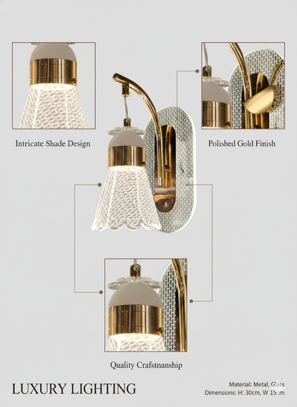 Powerlam Modern Wall Sconce Light, Gold Metal Glass, Intricate Lace Shade Design, Luxury Indoor Lighting Fixture