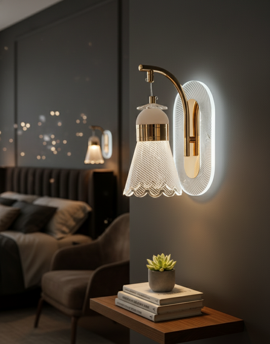 Powerlam Modern Wall Sconce Light, Gold Metal Glass, Intricate Lace Shade Design, Luxury Indoor Lighting Fixture