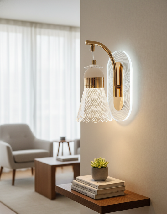 Powerlam Modern Wall Sconce Light, Gold Metal Glass, Intricate Lace Shade Design, Luxury Indoor Lighting Fixture