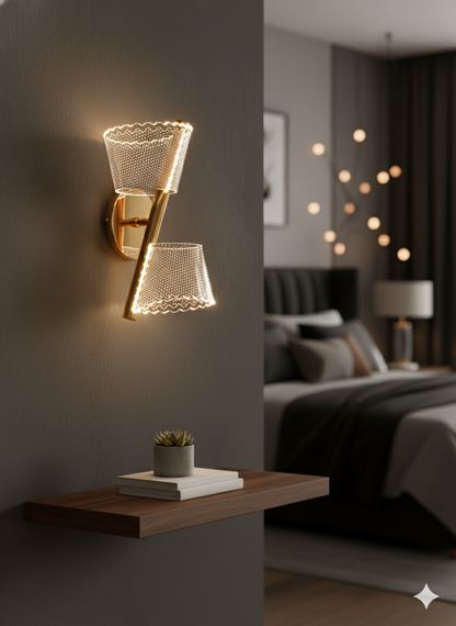 Powerlam Modern Wall Sconce with Lace Pattern Glass Shades, Gold Brass Finish, Dual Light Indoor Wall Mount Lamp, Contemporary Decorative Lighting for Living Room