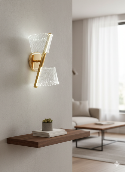 Powerlam Modern Wall Sconce with Lace Pattern Glass Shades, Gold Brass Finish, Dual Light Indoor Wall Mount Lamp, Contemporary Decorative Lighting for Living Room